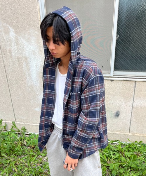 セール】チェック柄 ボリューム袖 フード付き ネルシャツ/柄シャツ