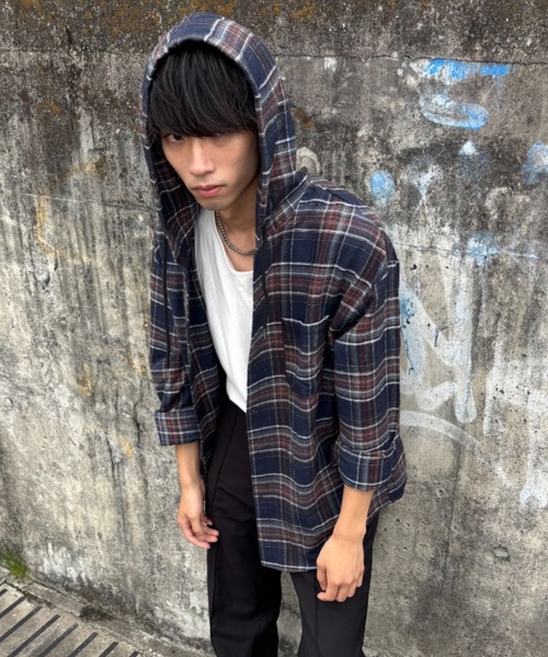 セール】チェック柄 ボリューム袖 フード付き ネルシャツ/柄シャツ
