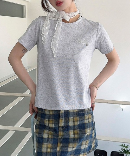 LAC-VERT(ラック・ヴェール)の「レース刺繍T(レースタイセット)(Tシャツ/カットソー・レディース・ブラック/グレー/アイボリー/ホワイト/オートミール・FREE)」の5枚目の写真