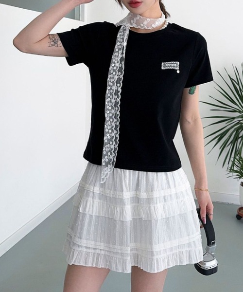 LAC-VERT(ラック・ヴェール)の「レース刺繍T(レースタイセット)(Tシャツ/カットソー・レディース・ブラック/グレー/アイボリー/ホワイト/オートミール・FREE)」の9枚目の写真