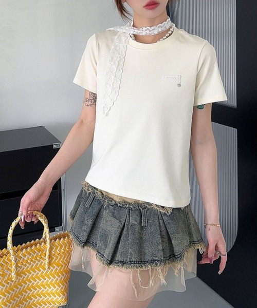 LAC-VERT(ラック・ヴェール)の「レース刺繍T(レースタイセット)(Tシャツ/カットソー・レディース・ブラック/グレー/アイボリー/ホワイト/オートミール・FREE)」の10枚目の写真