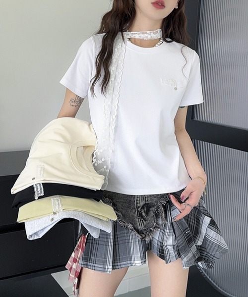 LAC-VERT(ラック・ヴェール)の「レース刺繍T(レースタイセット)(Tシャツ/カットソー・レディース・ブラック/グレー/アイボリー/ホワイト/オートミール・FREE)」の6枚目の写真