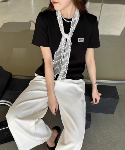 LAC-VERT(ラック・ヴェール)の「レース刺繍T(レースタイセット)(Tシャツ/カットソー・レディース・ブラック/グレー/アイボリー/ホワイト/オートミール・FREE)」の7枚目の写真