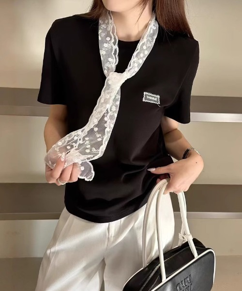 LAC-VERT(ラック・ヴェール)の「レース刺繍T(レースタイセット)(Tシャツ/カットソー・レディース・ブラック/グレー/アイボリー/ホワイト/オートミール・FREE)」の8枚目の写真
