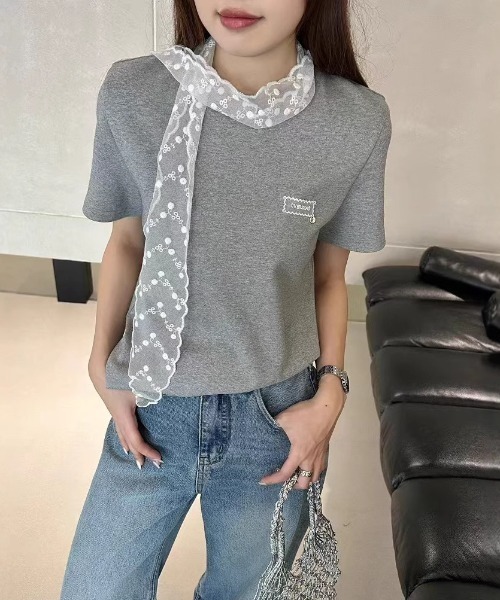 LAC-VERT(ラック・ヴェール)の「レース刺繍T(レースタイセット)(Tシャツ/カットソー・レディース・ブラック/グレー/アイボリー/ホワイト/オートミール・FREE)」の12枚目の写真