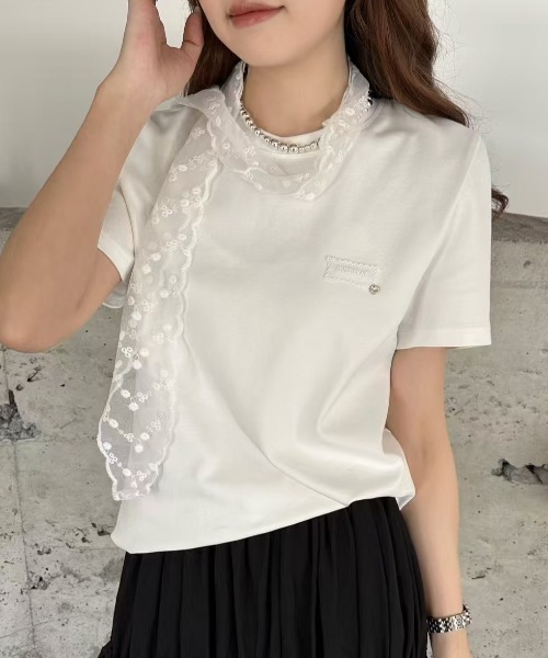 LAC-VERT(ラック・ヴェール)の「レース刺繍T(レースタイセット)(Tシャツ/カットソー・レディース・ブラック/グレー/アイボリー/ホワイト/オートミール・FREE)」の14枚目の写真