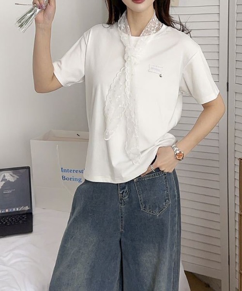 LAC-VERT(ラック・ヴェール)の「レース刺繍T(レースタイセット)(Tシャツ/カットソー・レディース・ブラック/グレー/アイボリー/ホワイト/オートミール・FREE)」の15枚目の写真
