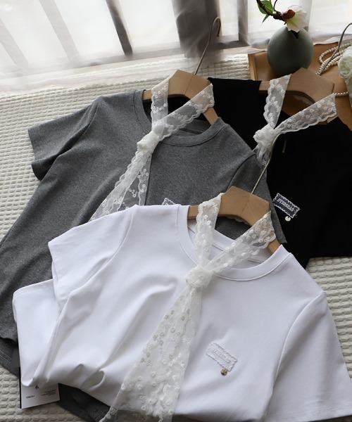 LAC-VERT(ラック・ヴェール)の「レース刺繍T(レースタイセット)(Tシャツ/カットソー・レディース・ブラック/グレー/アイボリー/ホワイト/オートミール・FREE)」の20枚目の写真