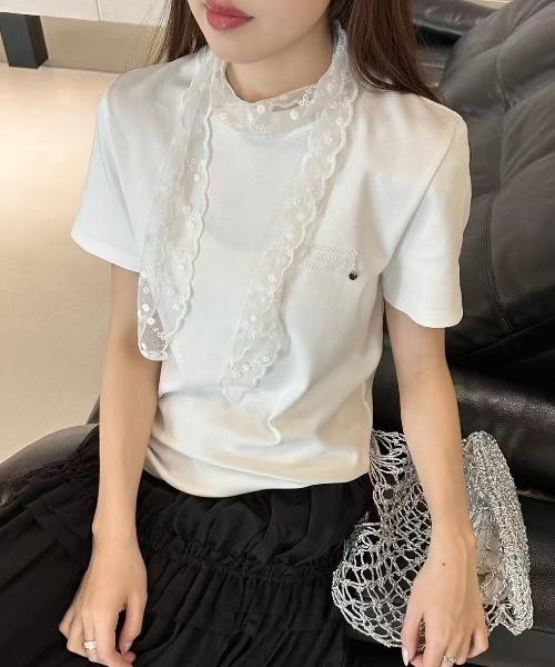 LAC-VERT(ラック・ヴェール)の「レース刺繍T(レースタイセット)(Tシャツ/カットソー・レディース・ブラック/グレー/アイボリー/ホワイト/オートミール・FREE)」の21枚目の写真