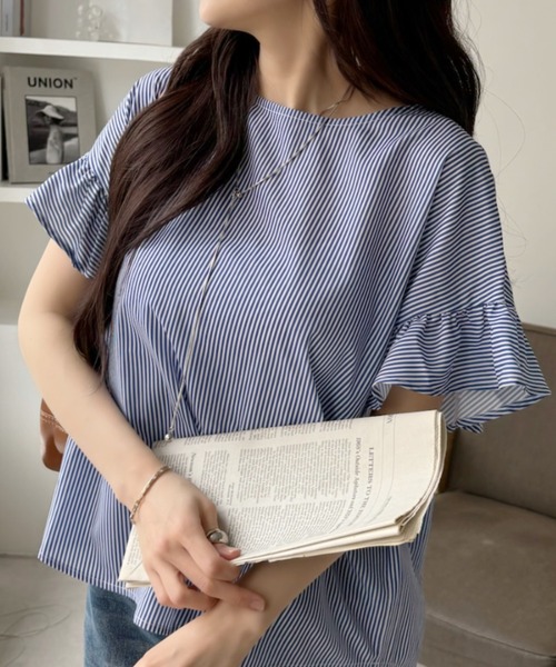 TREOVER(トレオーバー)の「袖フリル ジョーゼットブラウス(シャツ/ブラウス・レディース・ブラック/オフホワイト/ライトグレー/ブルー・FREE)」の5枚目の写真