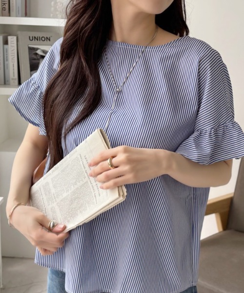 TREOVER(トレオーバー)の「袖フリル ジョーゼットブラウス(シャツ/ブラウス・レディース・ブラック/オフホワイト/ライトグレー/ブルー・FREE)」の7枚目の写真