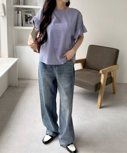 TREOVER(トレオーバー)の「袖フリル ジョーゼットブラウス(シャツ/ブラウス・レディース・ブラック/オフホワイト/ライトグレー/ブルー・FREE)」の8枚目の写真
