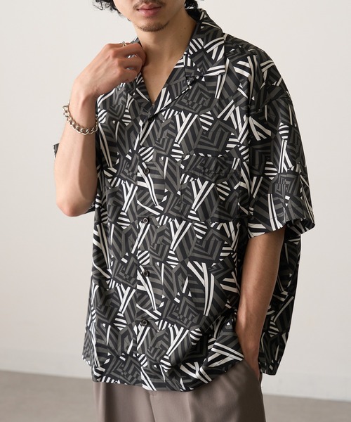 HAUS(ハウス)の「【HAUS】ジオメトリック オープンカラーシャツ(シャツ/ブラウス・メンズ・ブラック/グリーン・M/L)」の3枚目の写真