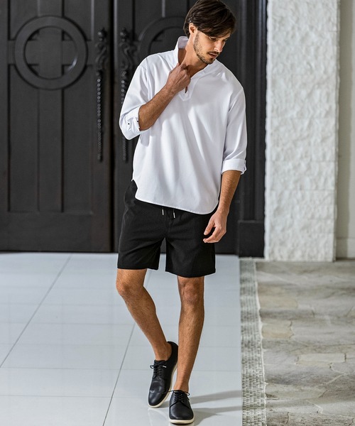 AKM Contemporary（エイケイエムコンテンポラリー）の「【WEB・直営店限定】AKM Contemporary(エイケイエムコンテンポラリー)シアサッカー素材 リゾートスタイル ショートパンツ ハーフパンツ (柔軟性/通気性)（その他パンツ・メンズ・ブラック/ブラック×ホワイト・S/M/L/XL）」の9枚目の写真