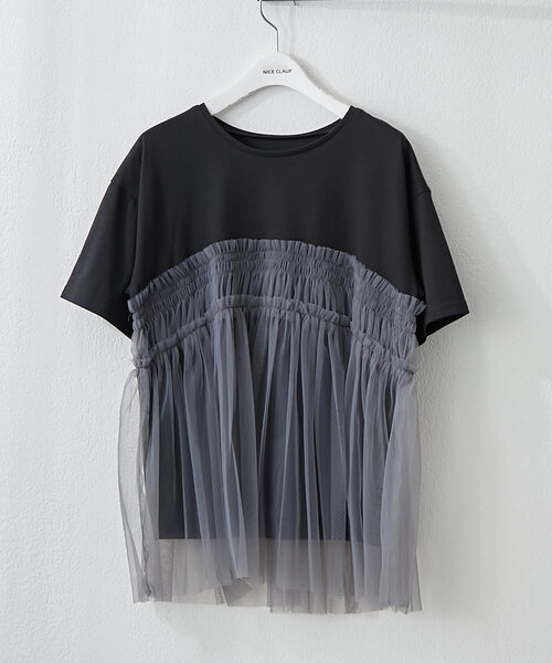 Remind me and forever（リマインドミーアンドフォーエバー）の「体型カバーにも◎、チュールドッキングTシャツ（Tシャツ/カットソー・レディース・オフホワイト/ブラック/チャコールグレー・FREE）」の2枚目の写真