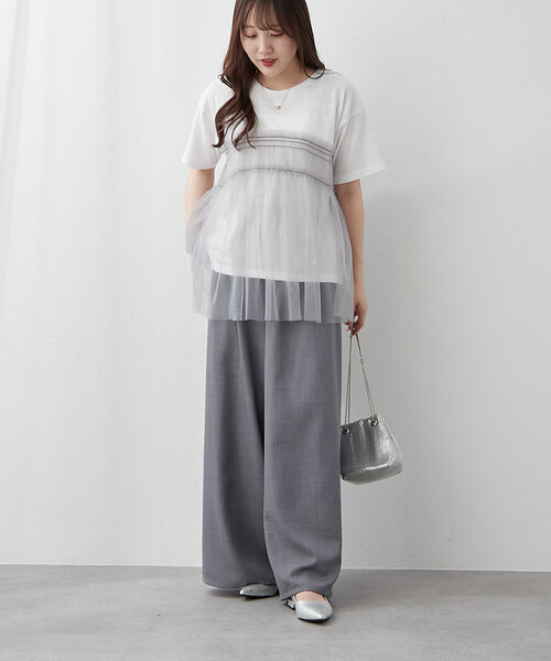 Remind me and forever（リマインドミーアンドフォーエバー）の「体型カバーにも◎、チュールドッキングTシャツ（Tシャツ/カットソー・レディース・オフホワイト/ブラック/チャコールグレー・FREE）」の6枚目の写真