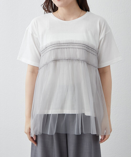 Remind me and forever（リマインドミーアンドフォーエバー）の「体型カバーにも◎、チュールドッキングTシャツ（Tシャツ/カットソー・レディース・オフホワイト/ブラック/チャコールグレー・FREE）」の9枚目の写真