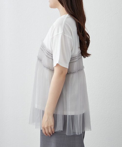 Remind me and forever（リマインドミーアンドフォーエバー）の「体型カバーにも◎、チュールドッキングTシャツ（Tシャツ/カットソー・レディース・オフホワイト/ブラック/チャコールグレー・FREE）」の10枚目の写真