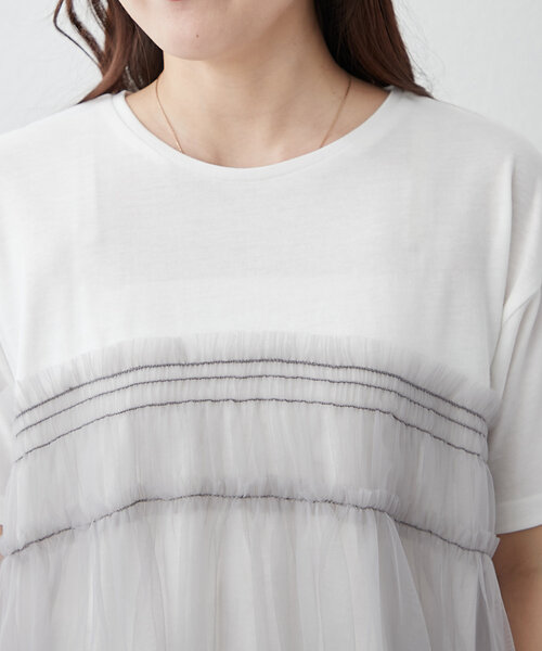 Remind me and forever（リマインドミーアンドフォーエバー）の「体型カバーにも◎、チュールドッキングTシャツ（Tシャツ/カットソー・レディース・オフホワイト/ブラック/チャコールグレー・FREE）」の12枚目の写真
