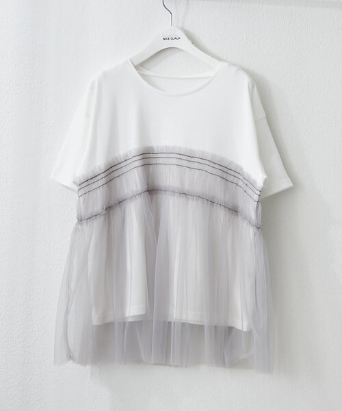 Remind me and forever（リマインドミーアンドフォーエバー）の「体型カバーにも◎、チュールドッキングTシャツ（Tシャツ/カットソー・レディース・オフホワイト/ブラック/チャコールグレー・FREE）」の15枚目の写真