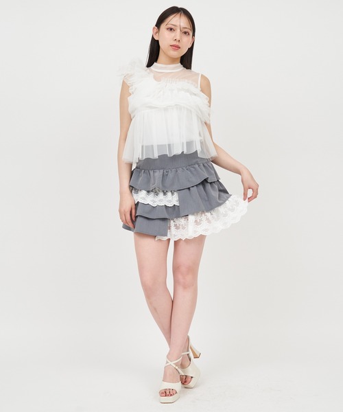 ROYAL PARTY(ロイヤルパーティー)の「アシンメトリーフリルチュールトップス(Tシャツ/カットソー・レディース・オフホワイト/ブラック/ベージュ・FREE)」の12枚目の写真