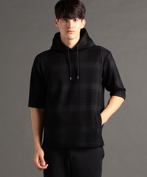 MONSIEUR NICOLE(ムッシュニコル)の「【canal deux Luxe】チェック柄 ダンボールニット半袖パーカ(Tシャツ/カットソー・メンズ・ホワイト/ブラック/チャコールグレー・LARGE/X-LARGE/MEDIUM)」の3枚目の写真