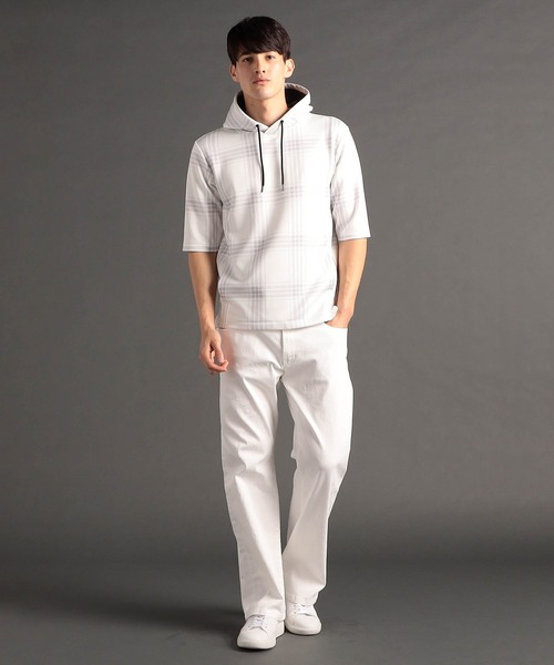 MONSIEUR NICOLE(ムッシュニコル)の「【canal deux Luxe】チェック柄 ダンボールニット半袖パーカ(Tシャツ/カットソー・メンズ・ホワイト/ブラック/チャコールグレー・LARGE/X-LARGE/MEDIUM)」の11枚目の写真