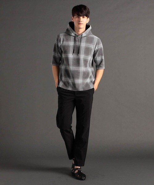 MONSIEUR NICOLE(ムッシュニコル)の「【canal deux Luxe】チェック柄 ダンボールニット半袖パーカ(Tシャツ/カットソー・メンズ・ホワイト/ブラック/チャコールグレー・LARGE/X-LARGE/MEDIUM)」の12枚目の写真