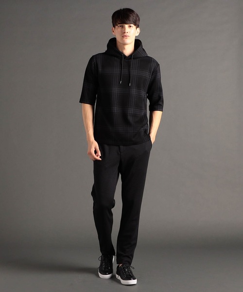 MONSIEUR NICOLE(ムッシュニコル)の「【canal deux Luxe】チェック柄 ダンボールニット半袖パーカ(Tシャツ/カットソー・メンズ・ホワイト/ブラック/チャコールグレー・LARGE/X-LARGE/MEDIUM)」の13枚目の写真