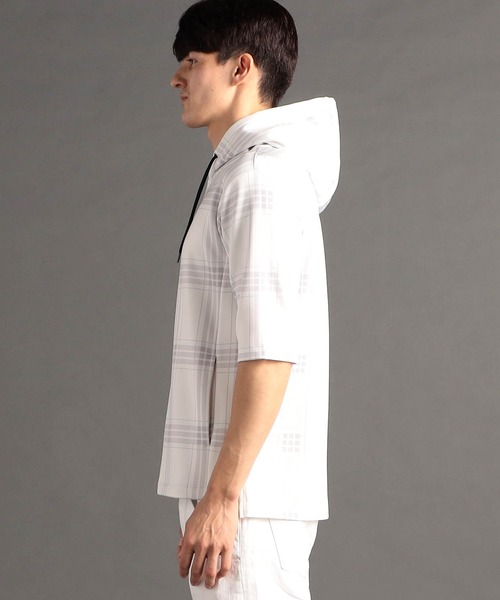 MONSIEUR NICOLE(ムッシュニコル)の「【canal deux Luxe】チェック柄 ダンボールニット半袖パーカ(Tシャツ/カットソー・メンズ・ホワイト/ブラック/チャコールグレー・LARGE/X-LARGE/MEDIUM)」の14枚目の写真