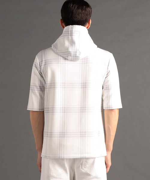 MONSIEUR NICOLE(ムッシュニコル)の「【canal deux Luxe】チェック柄 ダンボールニット半袖パーカ(Tシャツ/カットソー・メンズ・ホワイト/ブラック/チャコールグレー・LARGE/X-LARGE/MEDIUM)」の15枚目の写真