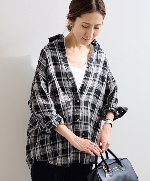FRAMeWORK（フレームワーク）の「ライトフレンチリネンチェックシャツ（シャツ/ブラウス・レディース・ブラック/ブラウン・FREE）」の6枚目の写真