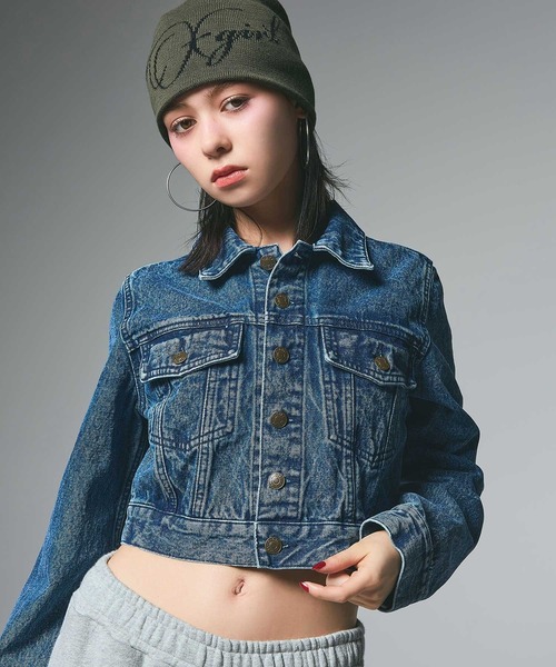 X-girl（エックスガール）の「EMBOSSED DENIM JACKET（デニムジャケット・レディース・ライトインディゴブルー/ブラック・S/M）」の2枚目の写真