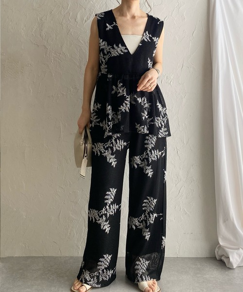 セール】花柄ボタニカル刺繍メッシュシアーベスト&ワイドパンツ