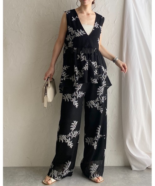セール】花柄ボタニカル刺繍メッシュシアーベスト&ワイドパンツ