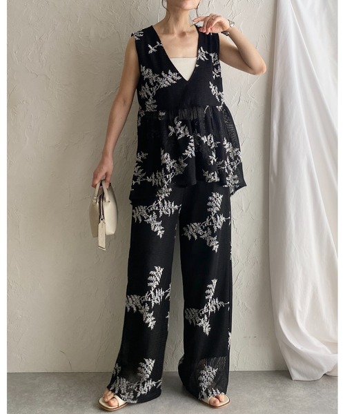 メッシュトップス　メッシュ花柄セットアップ 花柄ボタニカル刺繍メッシュシアーベスト&ワイドパンツ