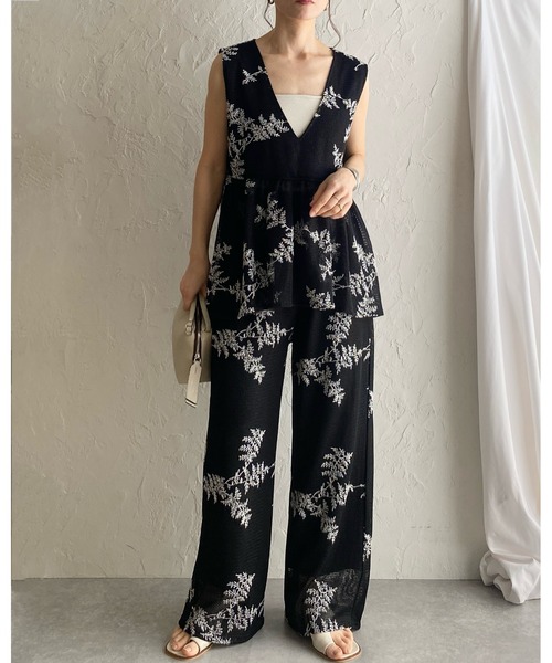 celine セリーヌ　花柄　ボタニカル　セットアップ　ベスト　スカート　レア セール】花柄ボタニカル刺繍メッシュシアーベスト&ワイドパンツ
