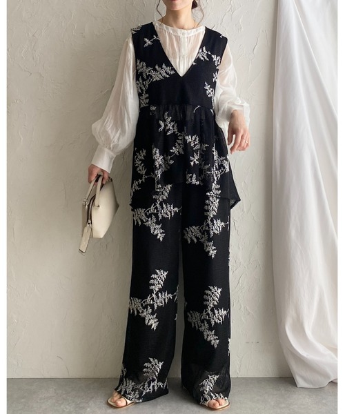 セール】花柄ボタニカル刺繍メッシュシアーベスト&ワイドパンツ