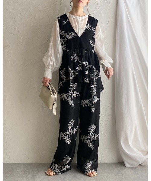 DABUWAWA 刺繍 花柄 vネック ベスト トップス パンツ 2点セット セール】花柄ボタニカル刺繍メッシュシアーベスト&ワイドパンツ