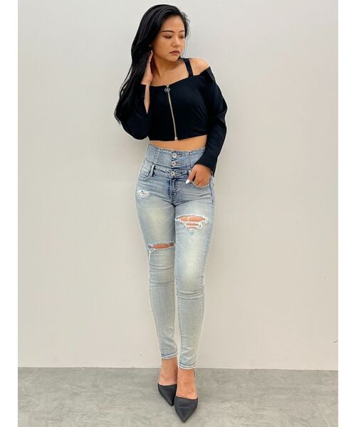 GYDA（ジェイダ）の「ハイウエストバッククロスダメージスキニーデニムパンツ（デニムパンツ・レディース・ライトブルー/インディゴブルー/ブラック・SMALL/MEDIUM/X-SMALL）」の8枚目の写真