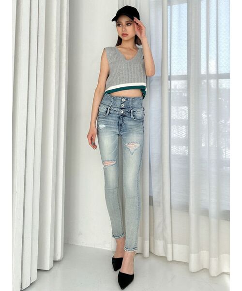 GYDA（ジェイダ）の「ハイウエストバッククロスダメージスキニーデニムパンツ（デニムパンツ・レディース・ライトブルー/インディゴブルー/ブラック・SMALL/MEDIUM/X-SMALL）」の9枚目の写真