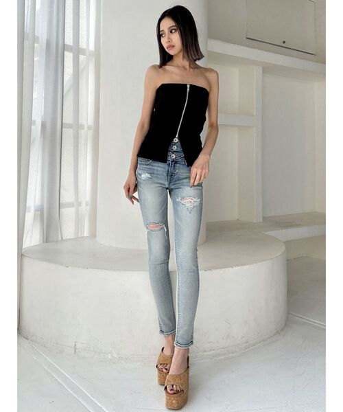 ハイウエストバッククロスダメージスキニーデニムパンツ（デニム