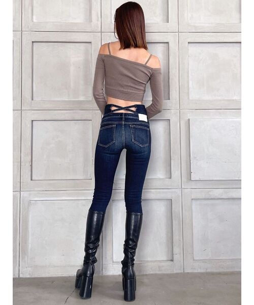 ハイウエストバッククロスダメージスキニーデニムパンツ（デニム