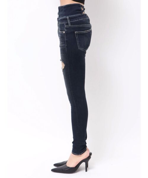 ハイウエストバッククロスダメージスキニーデニムパンツ（デニム
