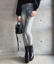 GYDA | ハイウエストバッククロスダメージスキニーデニムパンツ(デニムパンツ)