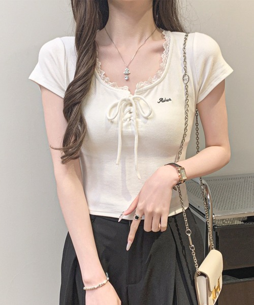 frunco（フランコ）の「レースアップクルーネックT（Tシャツ/カットソー・レディース・ホワイト/ピンク/ブルー・MEDIUM）」の2枚目の写真