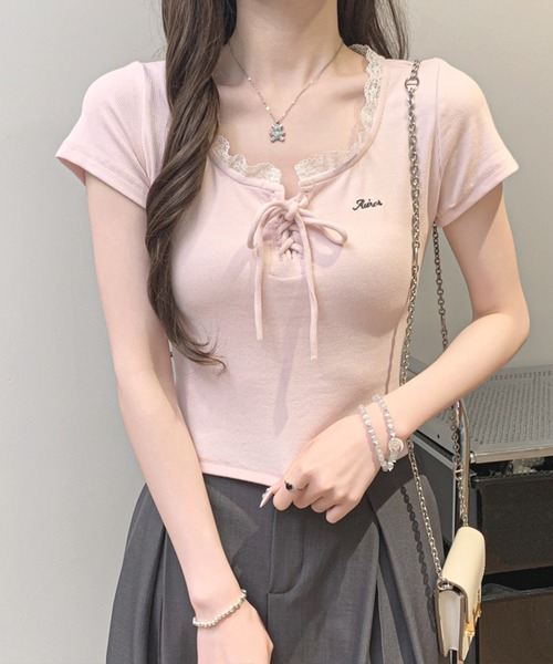 frunco（フランコ）の「レースアップクルーネックT（Tシャツ/カットソー・レディース・ホワイト/ピンク/ブルー・MEDIUM）」の3枚目の写真