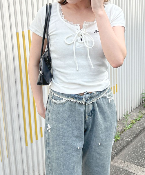 frunco（フランコ）の「レースアップクルーネックT（Tシャツ/カットソー・レディース・ホワイト/ピンク/ブルー・MEDIUM）」の11枚目の写真