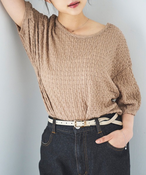 mil(ミル)の「ぽこぽこカットジャガード シアートップス(Tシャツ/カットソー・レディース・アイボリー/ブラック/モカ・ONE SIZE)」の10枚目の写真