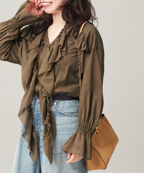 journal standard L'essage（ジャーナルスタンダードレサージュ）の「80ボイルフリルシャツ（シャツ/ブラウス・レディース・ブラック/カーキ・FREE）」の2枚目の写真